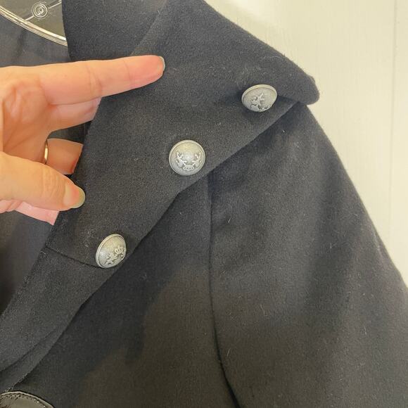 Jenni Kayne Black Toggle Coat Funnel Neck Wool Layering Leather Trim 4 - Picture 6 of 10